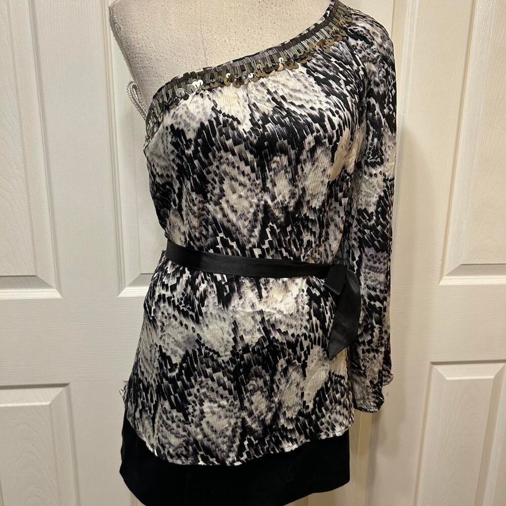 Bebe one shoulder black and white silk top. Size small